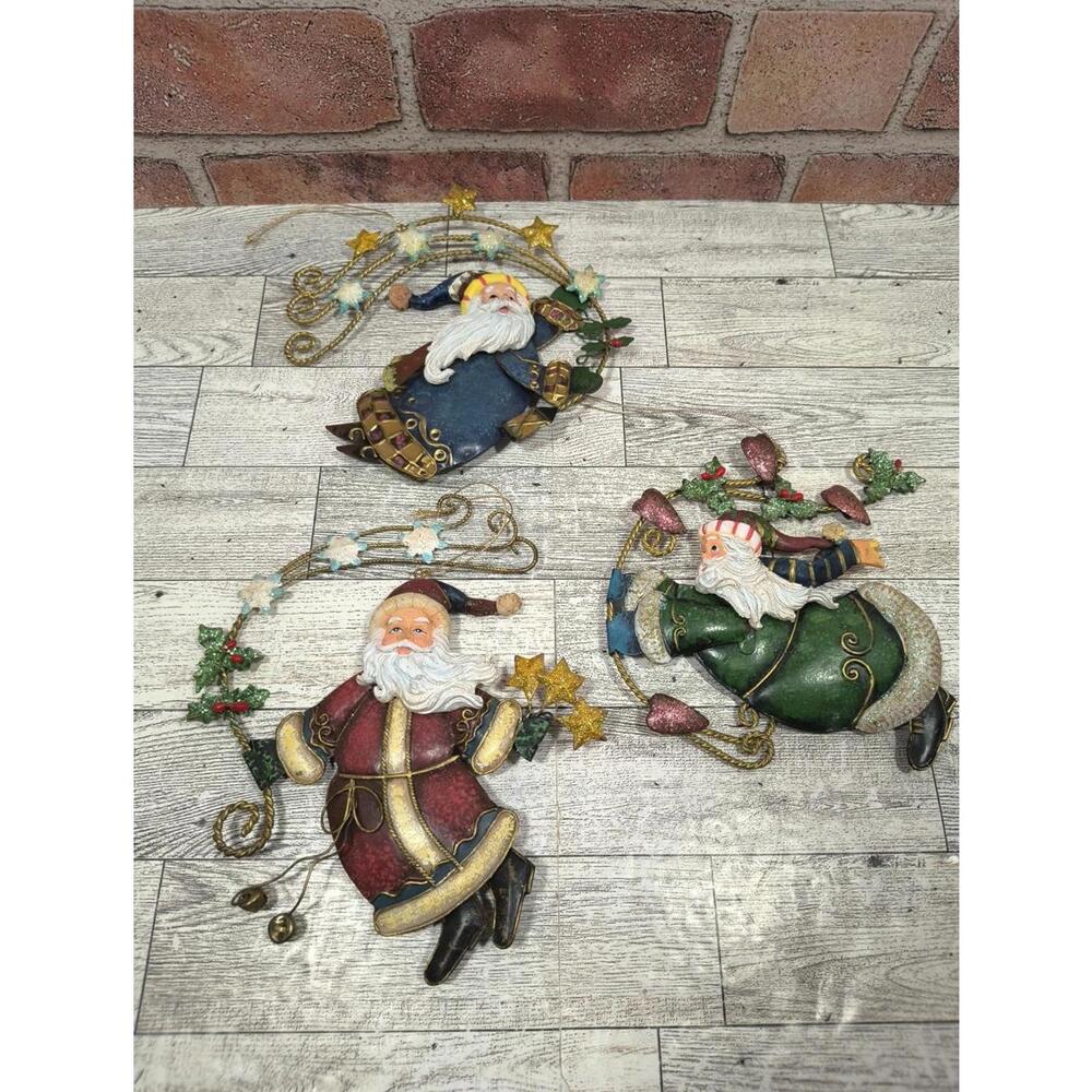 Home Interiors Metal Tin Vintage Flying Santa Christmas Ornaments Homco 3 Piece